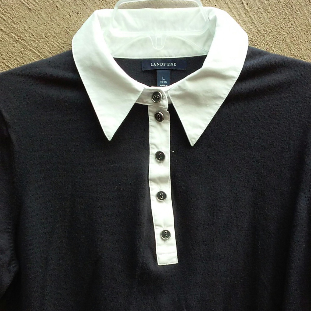 Lands' End Black Top with White Collar and Placket